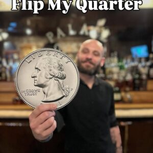 Bartender Holding Quarter to Promote the Flip My Quarter during Friday Happy Hour