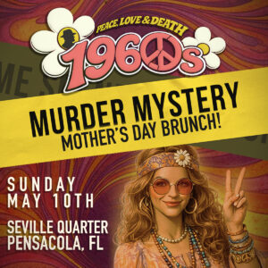 60's themed murder mystery brynch with a blonde hippie throwing a peace sign